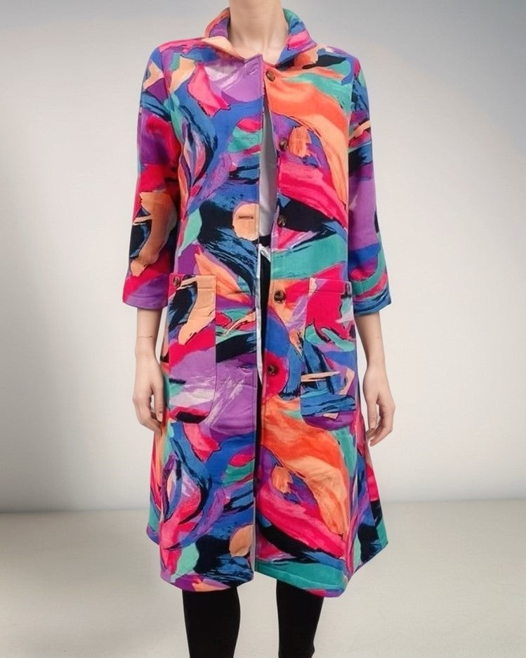 Abstract Brushstroke Printed Fleece-Lined Cotton Coat