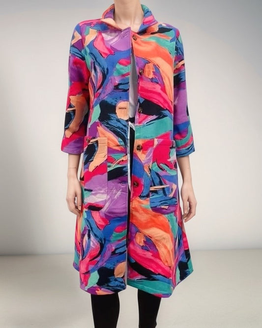 Abstract Brushstroke Printed Fleece-Lined Cotton Coat