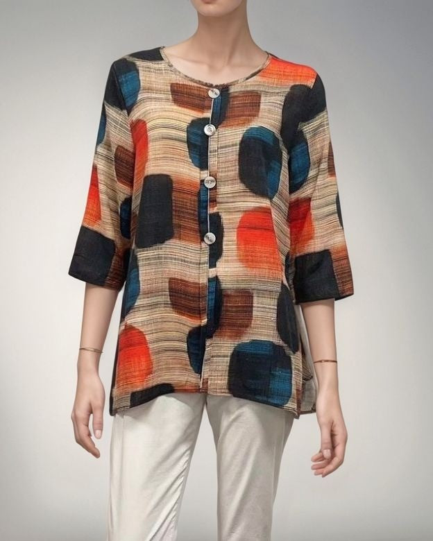 2/3 Sleeve Printed Button-Up Linen Top