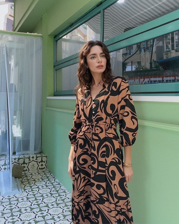 V-Neck Button Midi