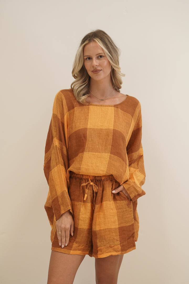 Valentina Top Spiced Ochre Checks
