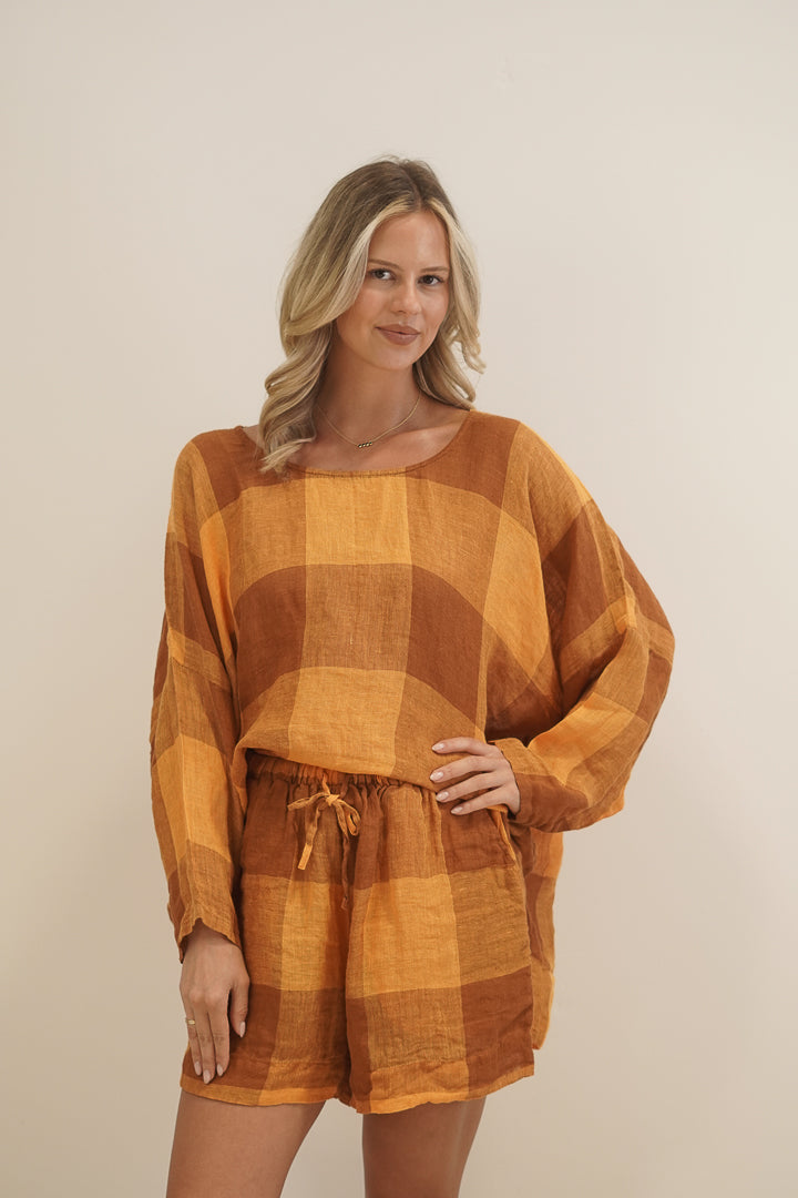 Valentina Top Spiced Ochre Checks