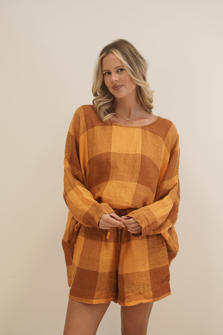 Valentina Top Spiced Ochre Checks