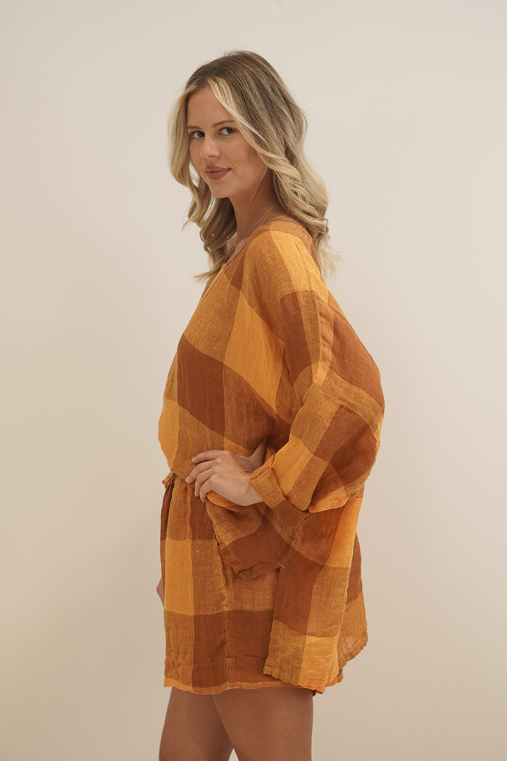 Valentina Top Spiced Ochre Checks