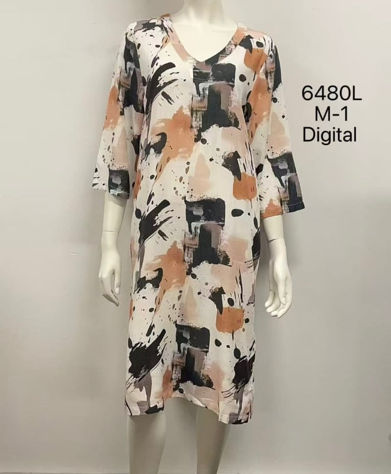 V-Neck Linen Printed Dress