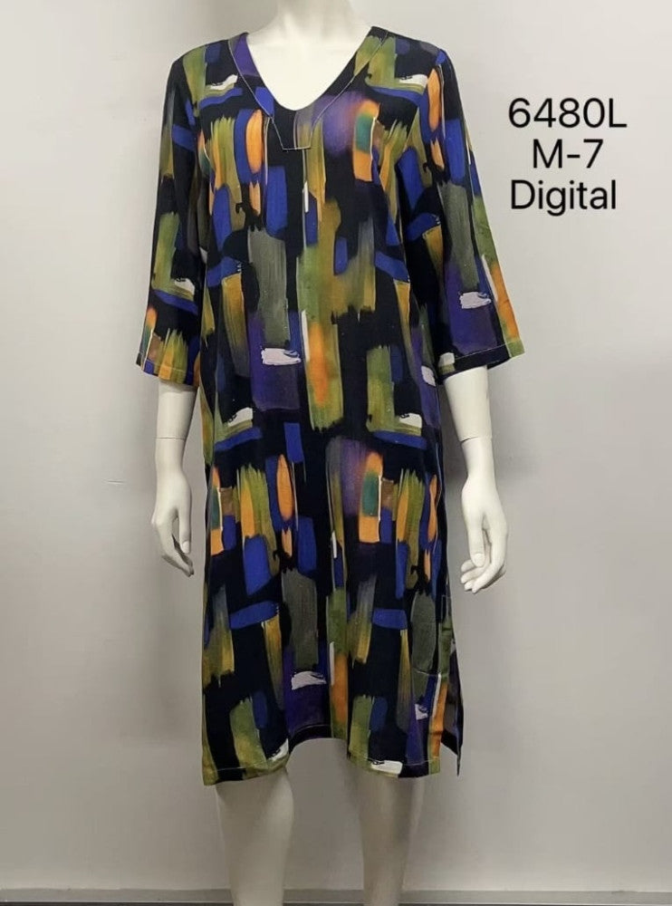V-Neck Linen Printed Dress