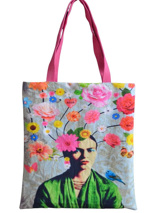 Grey floral Frida canvas bag 38x40cm
