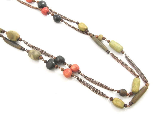 Wood/coral bead necklace