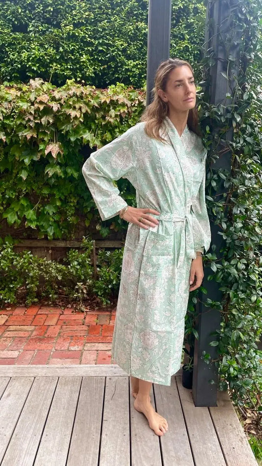 Green/white cotton kimono (L / XL free size)