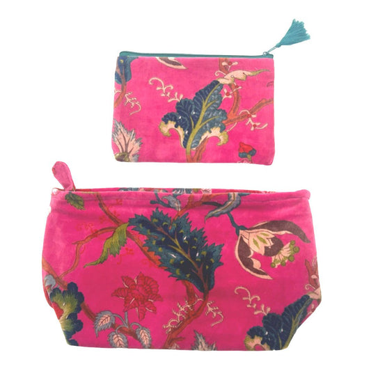S/2 pink floral velvet cosmetics purses 21 (w)x14 (h) / 33(w) x19 (h) x 13(d) cm