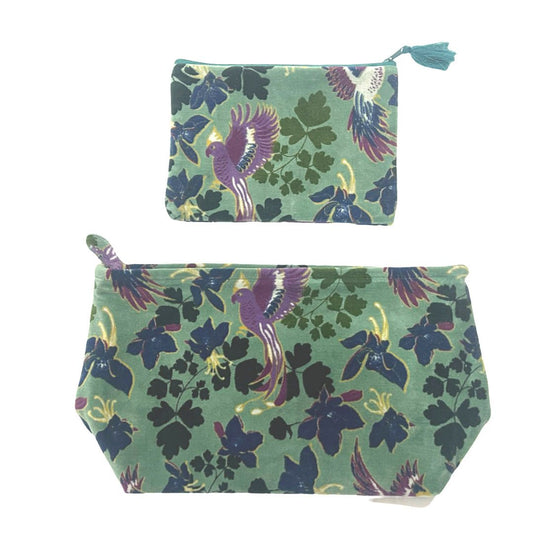 S/2 sage green velvet cosmetics purses 21 (w)x14 (h) / 33(w) x19 (h) x 13(d) cm