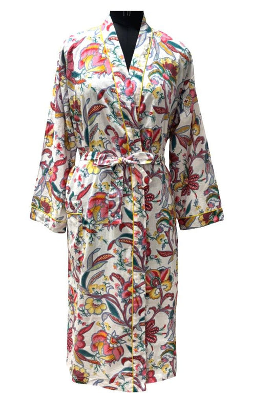 White multi floral block print kimono