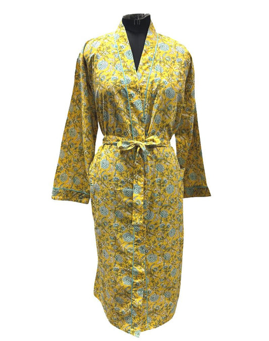 Yellow/blue floral block print cotton kimono