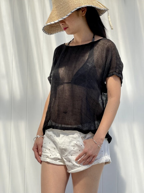 Carina Mesh Linen Top - In Black