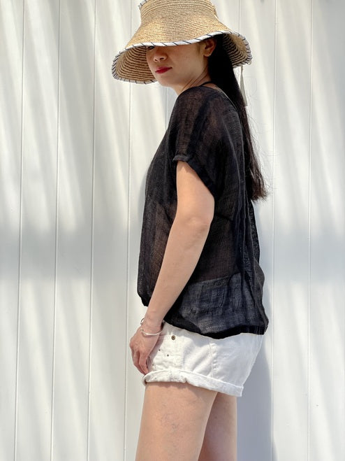 Carina Mesh Linen Top - In Black