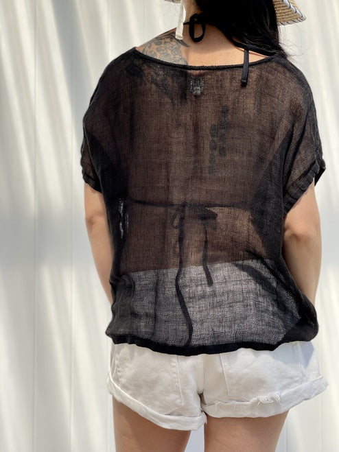 Carina Mesh Linen Top - In Black