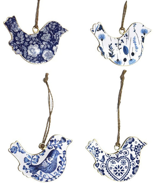 S/4 10cm birds in blue/white floral design