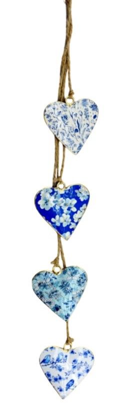 S/4 5 cm blue/floral hearts on single jute cord