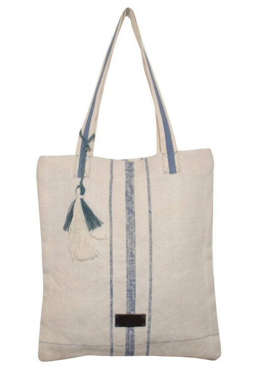 Blue/white cotton / linen shoulder bag 32(w) x 35(h) cm