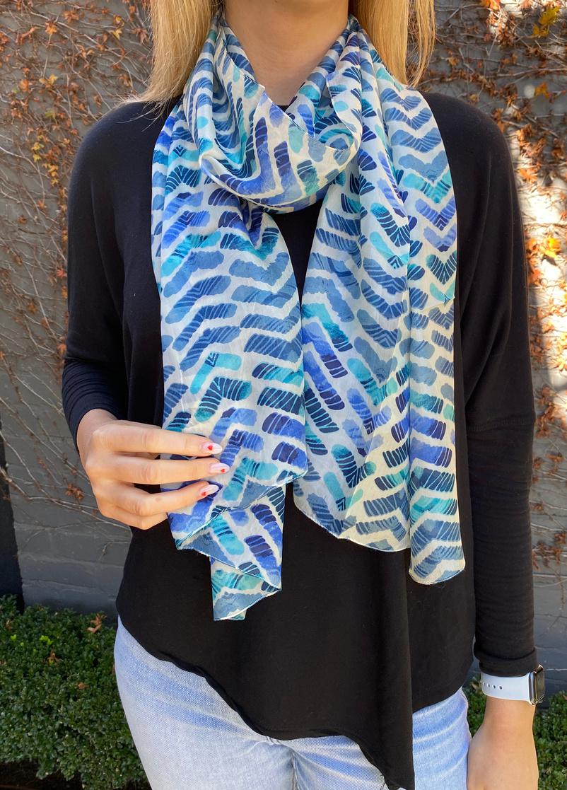 Blue Toned Triangle Patterned Silk Scarf - TS-1142