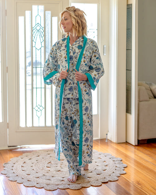 Blue & White Floral Long Kimono