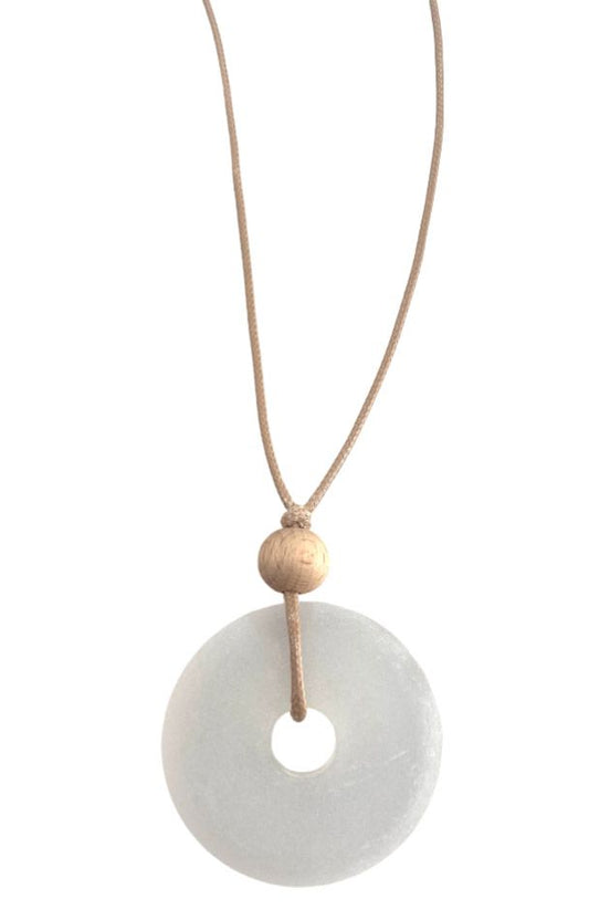 Frosted white pendant with wood bead/ adjustable beige cord