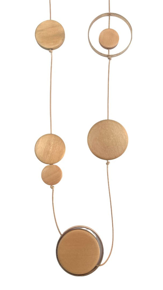Beige wood necklace with brass rings and adjustable cord