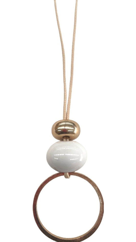 Brass and white bead pendant with beige cord