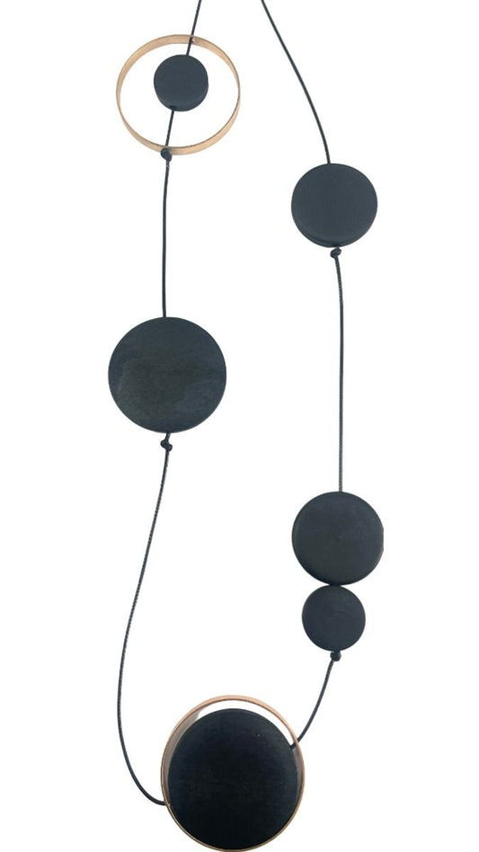 Black wood necklace with brass rings and adjustable cord