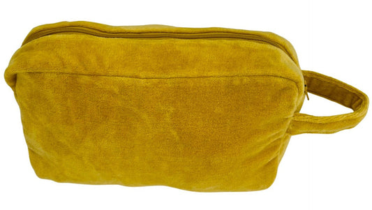 Mustard velvet cosmetic pouch mustard /emerald green lining 22x14x7 cm