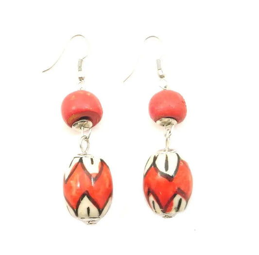 Red and white ceramic beaded earrings