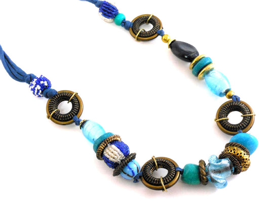 Turquoise, blue and brass necklace