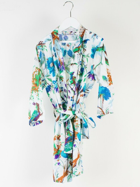 Teal Bird Print In White Kimono Girls Pack Of 4