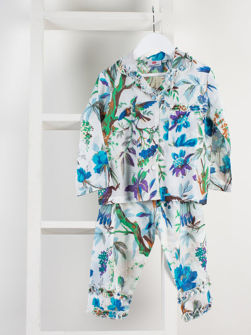 Teal Bird Print In White Kimono Girls Pack Of 4