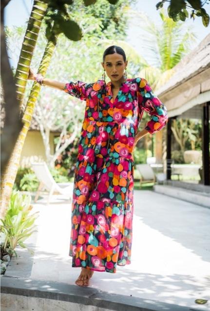 Long Printed Cotton Dress - Bleu Fonce 65955