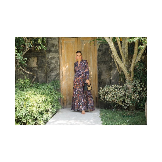 Long Printed Cotton Dress - Bleu Fonce 65955