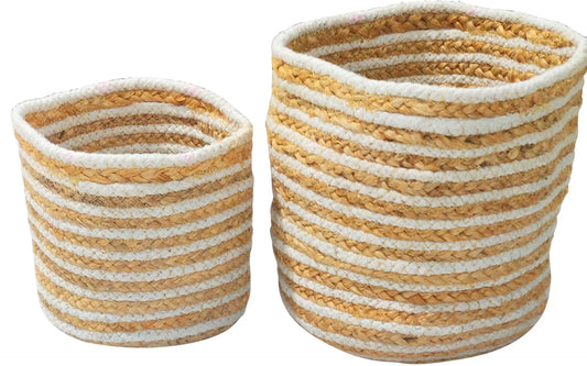 S/2 beige / white jute cotton planters 20x20 /15x15 cm