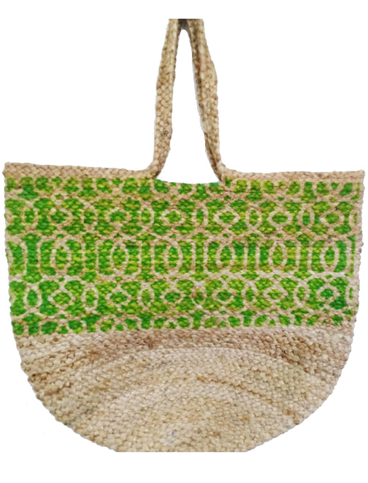 Jute bag with light green block print design 53(w) x 33(h) cm
