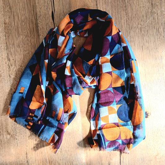 Merino Wool Patterned Scarf - Blue/Orange Print YASH-620
