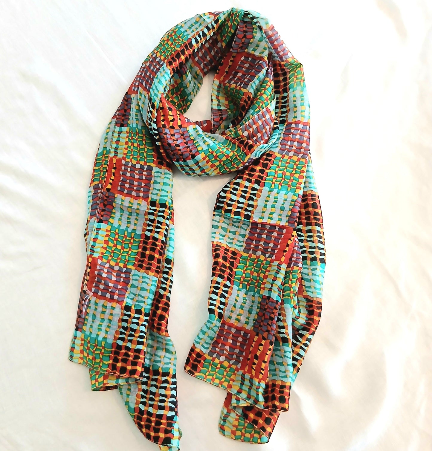 PRE-ORDER Pure Silk Scarf Lines and Squares Design Large TS-1146