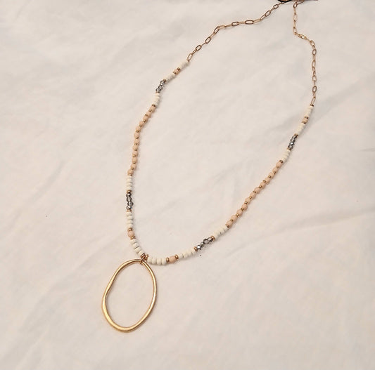 Golden Ring Pendant and White Wooden Bead Necklace 21-1326N