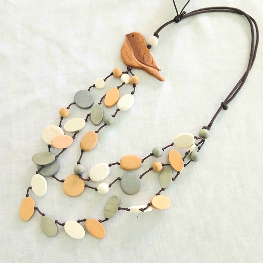 Whimsical Wooden Beaded and Layered Necklace with Bird N7-875AHL