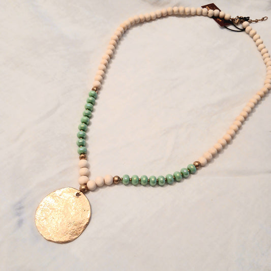 Wooden Beads, Mint and Golden Pendant Necklace 22-0956N
