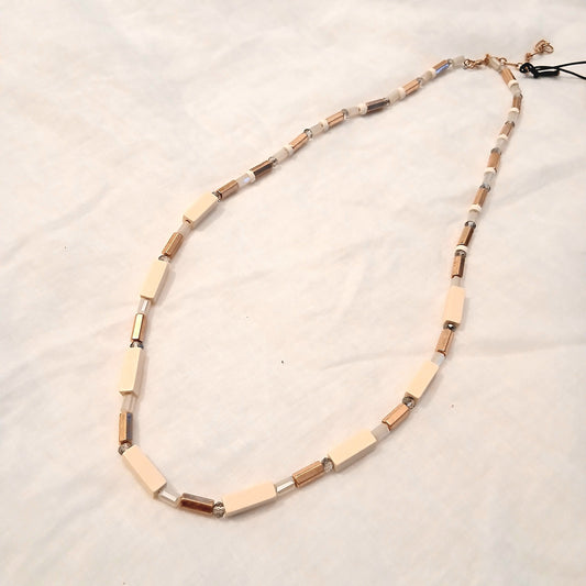 Gold and Cream Wooden Beaded Necklace - 23-1087N