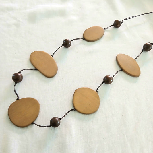 5 Large Wooden Pendants on Long Necklace N6-2278E1