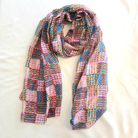 Pure Silk Scarf Lines and Squares Design Large TS-1146