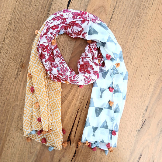 Yellow and Red Patterned Scarf with Pom-Poms Yash-490