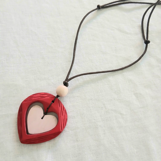 Wooden Heart in Heart Pendant Necklace N7-1361