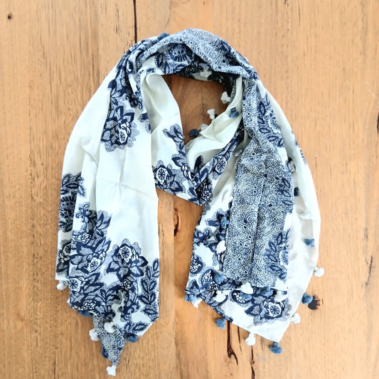 White and Blue Flower Patterned Cotton Scarf with Pom Poms Yash-506