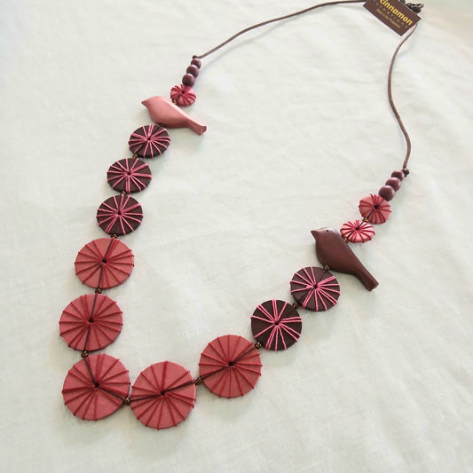 Wooden Beaded and Embroidered Necklace with Birdie N7-696